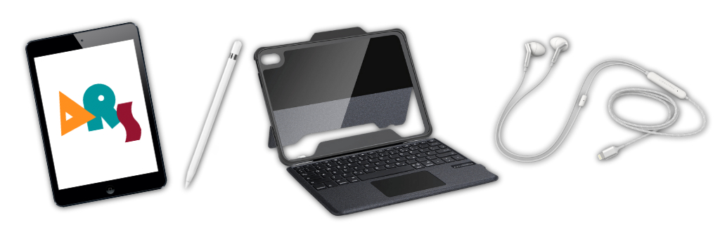 Die Grundausstattung: Apple iPad, Eingabestift, Hülle mit Tastatur und Kopfhörer GRAFIK: Andreas Wolf Grundausstattung: Apple iPad, Eingabestift, Hülle mit Tastatur und Kopfhörer GRAFIK: Andreas Wolf