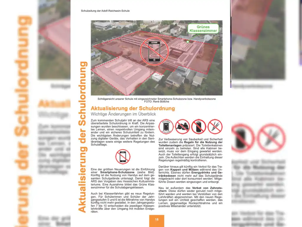 Seite 18 der Schulzeitung KlARSicht Nr. 25 mit dem Artikel „Aktualisierung der Schulordnung".