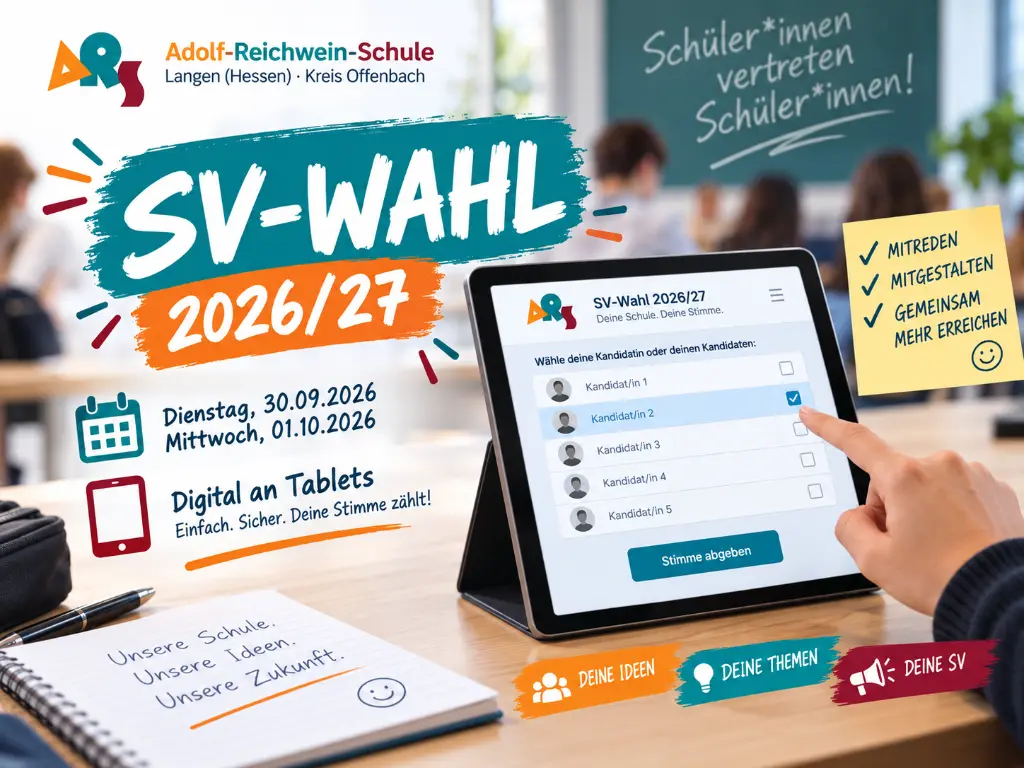 Grafisch gestaltetes Beitragsbild zur SV-Wahl 2026/27 der Adolf-Reichwein-Schule. Im Mittelpunkt steht ein Tablet, auf dem eine digitale Wahl mit mehreren Kandidatinnen und Kandidaten und dem Button „Stimme abgeben“ dargestellt ist. Daneben stehen die Wahltermine 30. September und 1. Oktober 2026 sowie der Hinweis „Digital an Tablets“. Das ARS-Logo und farbige Gestaltungselemente in Orange, Petrol und Rot greifen das Erscheinungsbild der Schule auf.