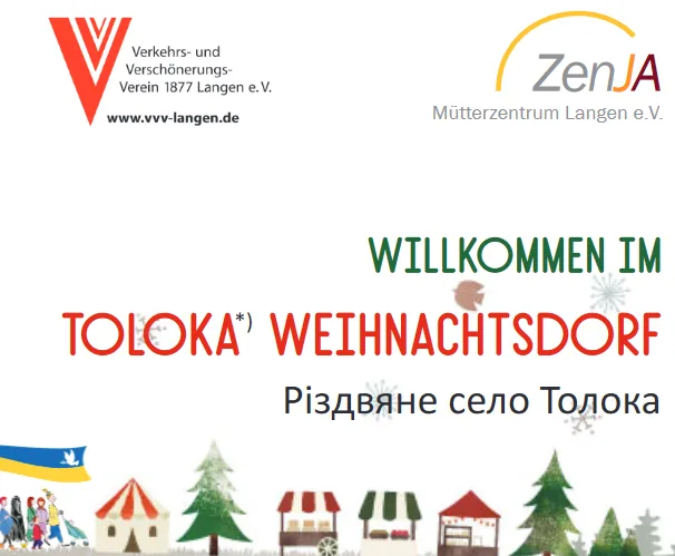 Plakat mit dem Schriftzug „Willkommen im TOLOKA Weihnachtsdorf“ und dem ukrainischen Untertitel, darunter gezeichnete Marktstände und Tannen.