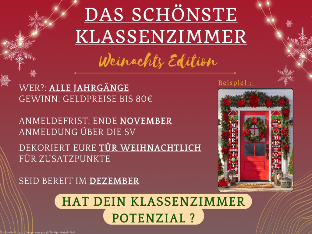 Ein weihnachtlicher Plakat-Flyer auf rotem Grund mit dem Titel „Das schönste Klassenzimmer – Weihnachts-Edition“ und den Teilnahmebedingungen; rechts das Beispielfoto einer weihnachtlich geschmückten roten Tür.