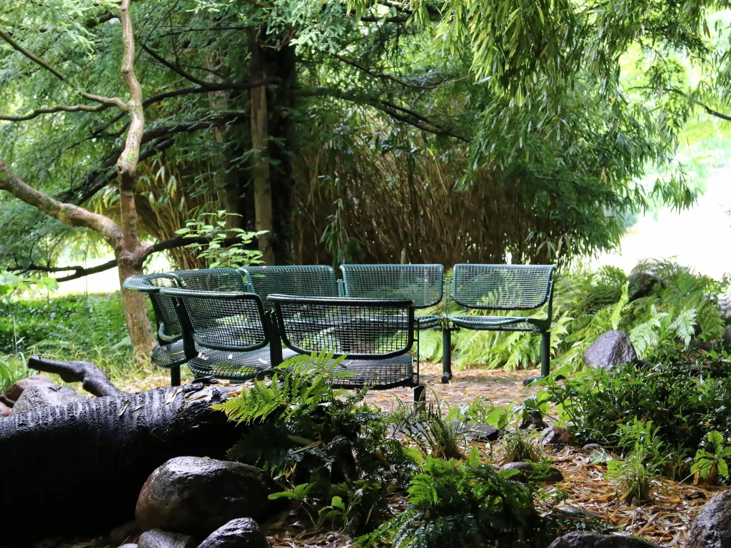Sitzbänke an einem Wasserlauf im Park.