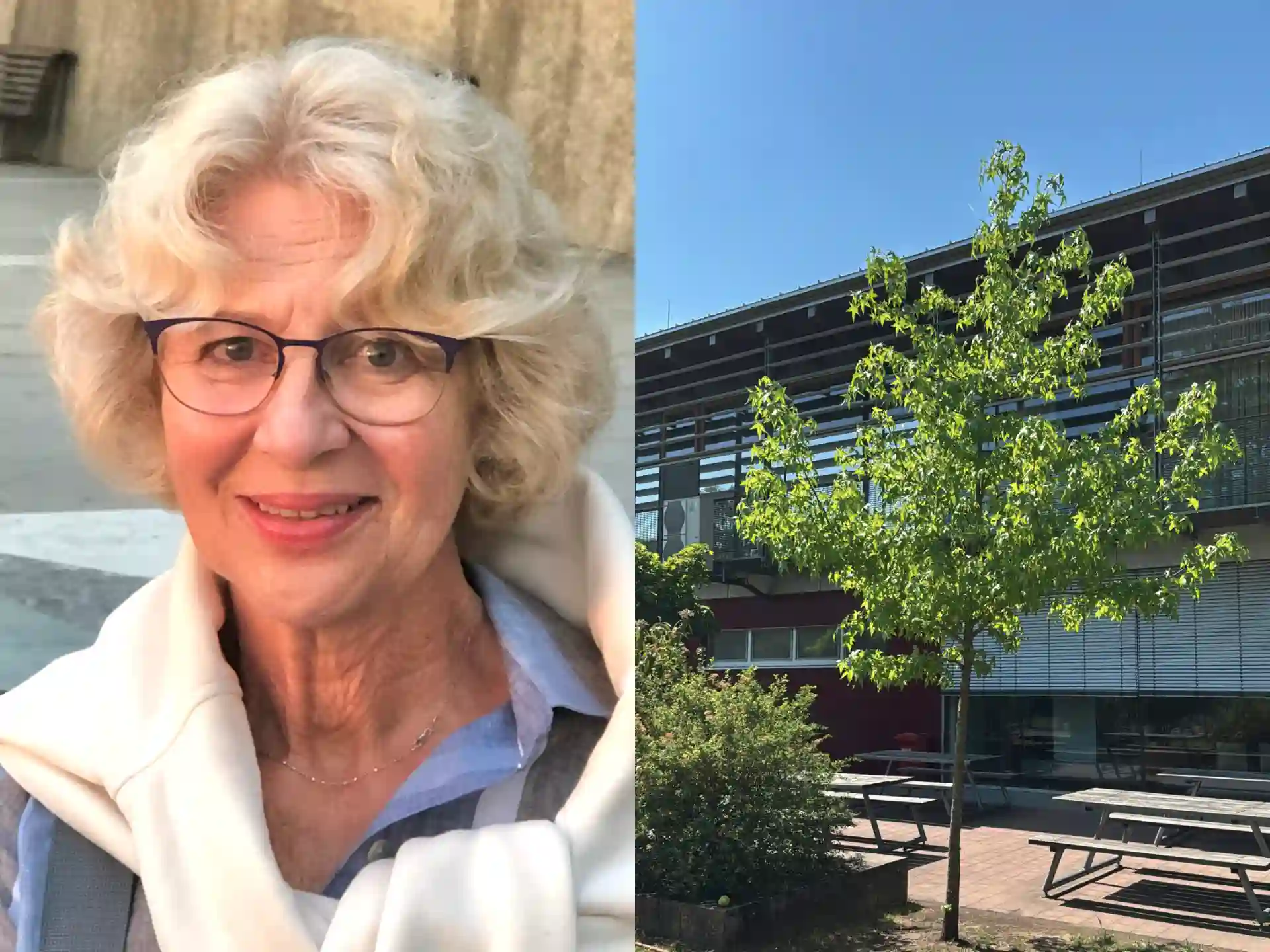 Porträtfoto von Elke Dürr neben dem Amberbaum auf dem Schulhof der Adolf-Reichwein-Schule.