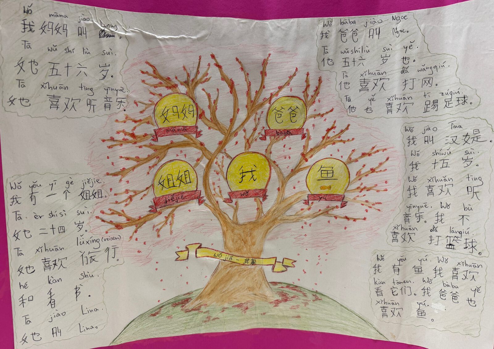 Ein weiteres Schülerplakat mit gemaltem Familienstammbaum, chinesischen Schriftzeichen und Lautschrift, überschrieben mit „我家“.