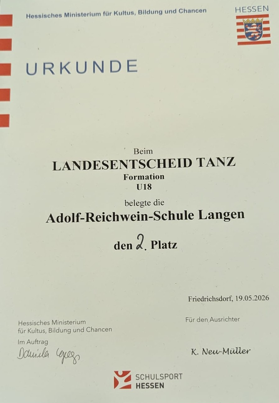 Eine Urkunde des Hessischen Kultusministeriums: Beim Landesentscheid Tanz (Formation U18) belegte die Adolf-Reichwein-Schule Langen den 2. Platz, datiert Friedrichsdorf, 19.05.2026.