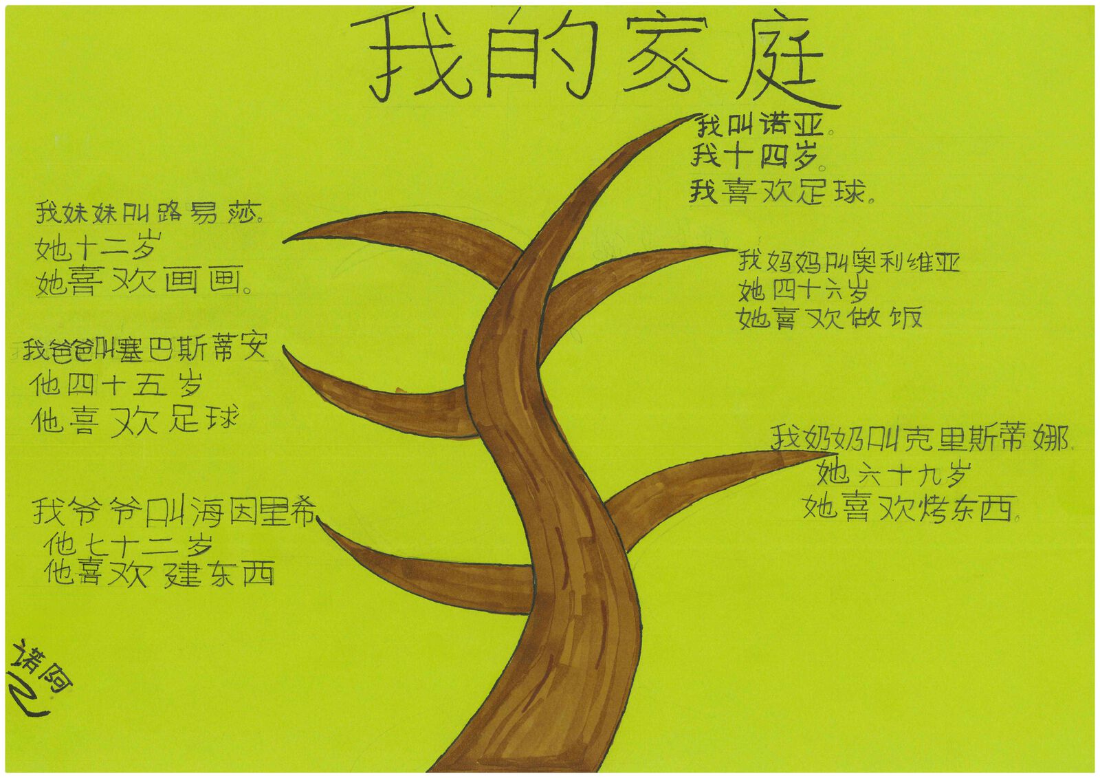 Ein selbst gestaltetes Plakat aus dem Chinesisch-Unterricht: ein gemalter Baum mit chinesischen Sätzen zur eigenen Familie, überschrieben mit „我的家庭“ (Meine Familie).