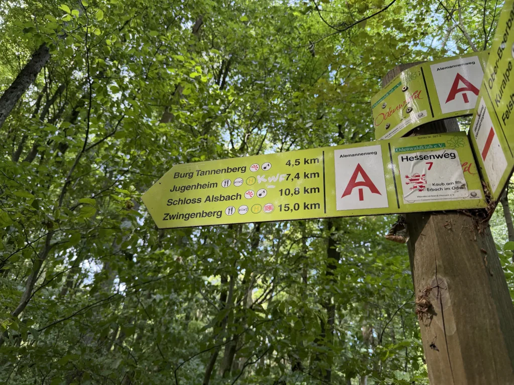 Gelber Wegweiser im Wald mit den Zielen Burg Tannenberg 4,5 km, Jugenheim 7,4 km, Schloss Alsbach 10,8 km und Zwingenberg 15,0 km. Daneben die Zeichen von Alemannenweg und Hessenweg 7.