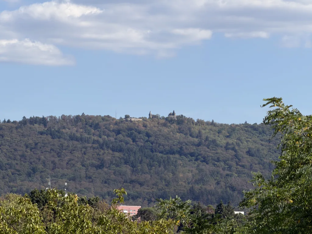 Blick über Baumwipfel auf einen langgestreckten bewaldeten Bergrücken. Auf dem Kamm sind Türme und Mauern der Burg Frankenstein zu erkennen, darüber blauer Himmel mit Schleierwolken.
