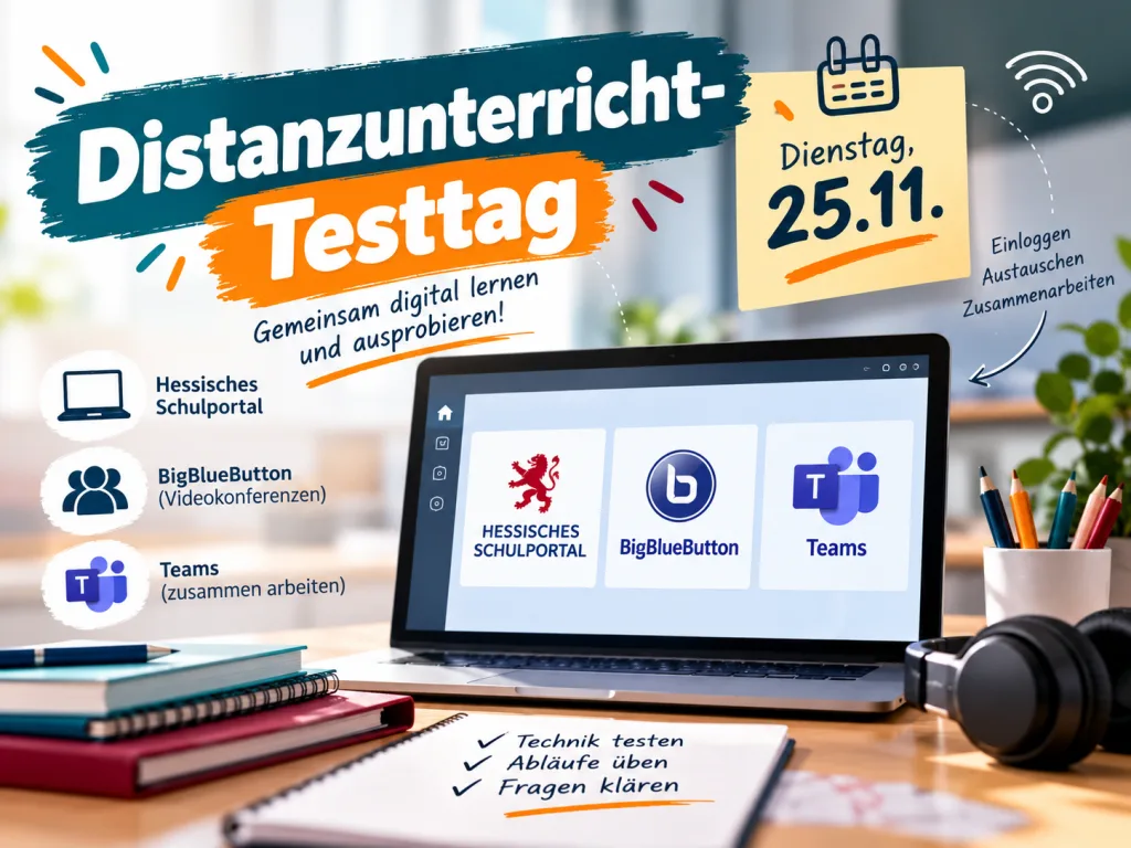 Beitragsbild zum Distanzunterricht-Testtag der Adolf-Reichwein-Schule am 25. November. Im Mittelpunkt steht ein Laptop mit Darstellungen des Hessischen Schulportals, von BigBlueButton und Microsoft Teams. Daneben liegen Bücher, Hefte und Kopfhörer. Grafische Elemente weisen auf digitales Lernen, Videokonferenzen und Zusammenarbeit hin. Ein Kalender nennt den 25. November als Termin des Testtags.