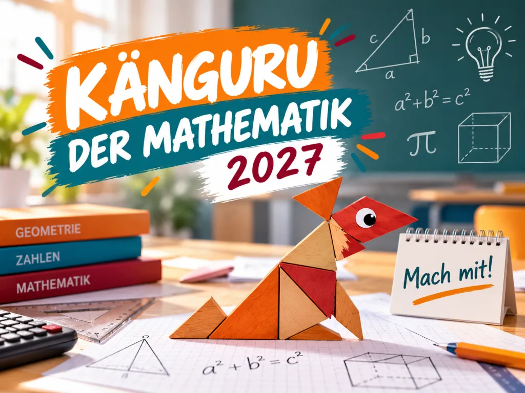 Beitragsbild zum Wettbewerb „Känguru der Mathematik 2027“. Im Mittelpunkt steht ein stilisiertes Känguru aus geometrischen Formen auf einem mathematischen Arbeitsblatt. Im Hintergrund sind mathematische Formeln und geometrische Zeichnungen zu sehen. Bücher mit den Aufschriften „Geometrie“, „Zahlen“ und „Mathematik“ sowie ein Taschenrechner und ein Geodreieck ergänzen die Darstellung. Auffällig sind die Schulfarben Orange, Petrol und Rot.