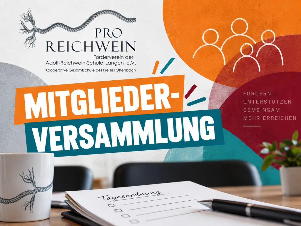 Grafisch gestaltetes Beitragsbild zur Mitgliederversammlung des Fördervereins der Adolf-Reichwein-Schule Langen e. V. Oben links ist das Logo „Pro Reichwein“ mit einem stilisierten Seil zu sehen. In großen weißen Buchstaben steht auf orangefarbenen und petrolfarbenen Flächen „Mitgliederversammlung“. Rechts ergänzen stilisierte Personensymbole und farbige Flächen in Orange, Petrol und Rot die Gestaltung. Im unteren Bildbereich liegen auf einem Tisch eine Tasse, eine Pflanze und Unterlagen mit der Überschrift „Tagesordnung“.
